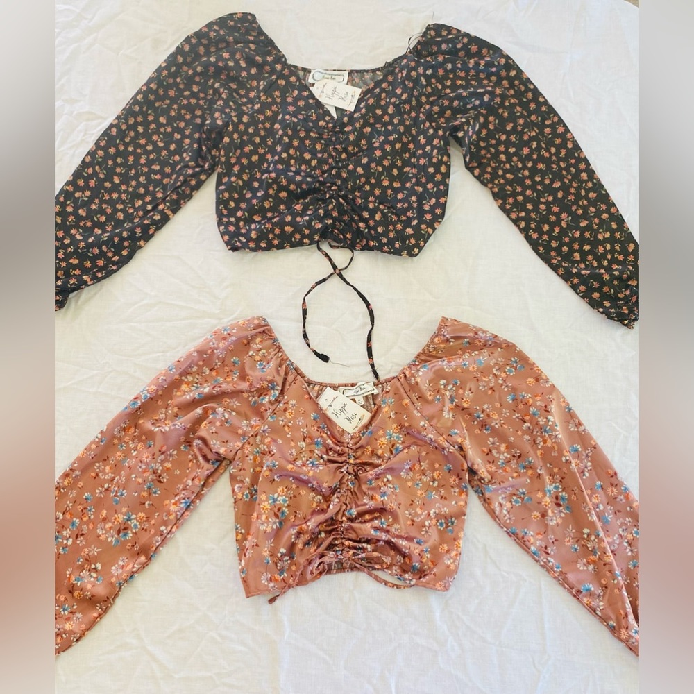 Black and Rose Floral Ruched Crop Top Bundle